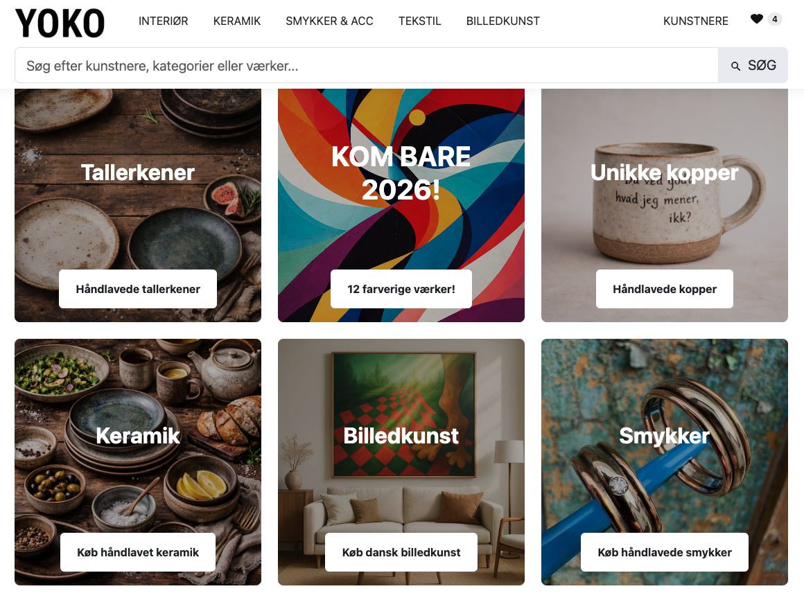 Yoko.dk markedsplads for kunsthåndværk - Screenshot af Yoko.dk hjemmeside